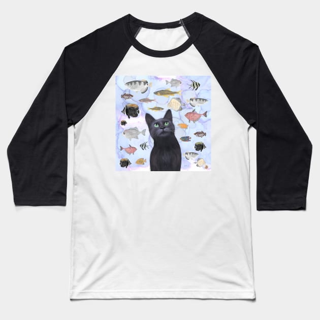 The Hungry Black Cat Gazing at a Fish Tank Baseball T-Shirt by andreeadumez